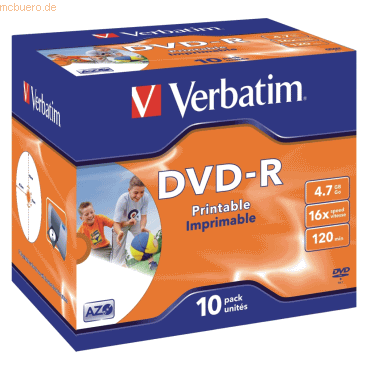 Verbatim DVD-Rohlinge bedruckbar DVD-R 4,7GB/16x im Jewel Case VE=10 S
