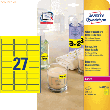 Avery Zweckform Etiketten 63,5x29,6mm neongelb VE=675 Stck