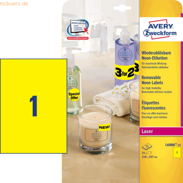 Avery Zweckform Etiketten neongelb 210x297mm VE=25 Stck