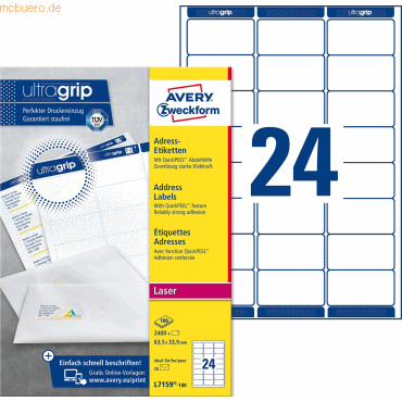 Avery Zweckform Adress-Etiketten ultragrip 63,5x33,9 mm VE=2.400 Etike