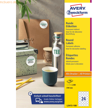 Avery Zweckform Etiketten Inkjet/Laser/Kopier rund 40mm VE=100 Stück w