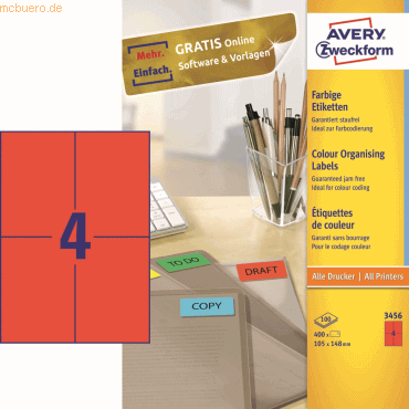 Avery Zweckform Etiketten Inkjet/Laser/Kopier 105x48mm VE=400 Stck ro