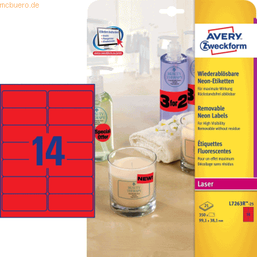 Avery Zweckform Etiketten 99,1x38,1mm rot VE=350 Stck