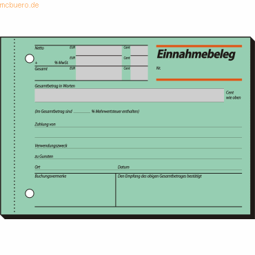 Sigel Formularbuch Einnahmebeleg A6 VE=50 Blatt grn