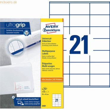 Avery Zweckform Universal-Etiketten ultragrip 70x41 mm VE=2.100 Etiket