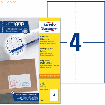 Avery Zweckform Universal-Etiketten ultragrip 105x148 mm VE=400 Etiket