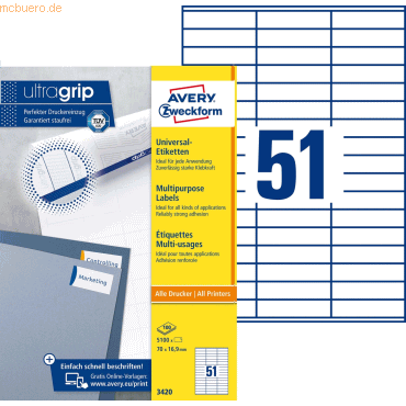 Avery Zweckform Universal-Etiketten ultragrip 70x16,9 mm VE=5.100 Etik