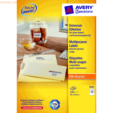 Avery Zweckform Universal-Etiketten ultragrip 70x25,4 mm VE=3.300 Etik