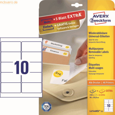 Avery Zweckform Etiketten Inkjet/Laser/Kopier 96x50,8mm wei VE=300 St