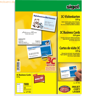 Sigel Visitenkarten Inkjet/Laser/Kopier 3C 200g weiß VE=100 Stück