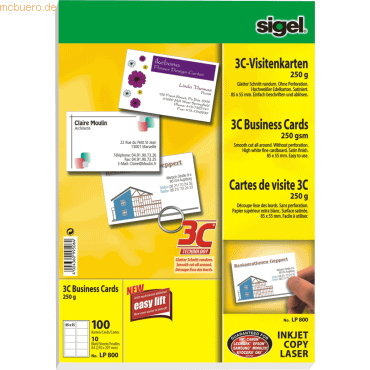 Sigel Visitenkarten Inkjet/Laser/Kopier 3C 250g weiß VE=100 Stück