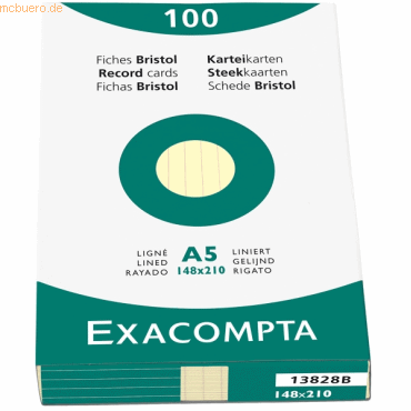 Exacompta Karteikarten A5 liniert gelb VE=100 Stck