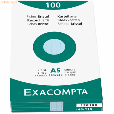 Exacompta Karteikarten A5 liniert blau VE=100 Stck