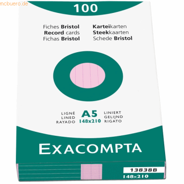 Exacompta Karteikarten A5 liniert rosa VE=100 Stck