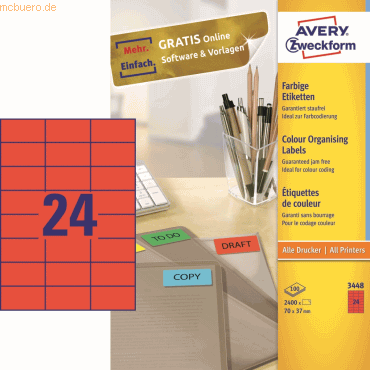 Avery Zweckform Etiketten Inkjet/Laser/Kopier 70x37mm rot VE=2400 Stc