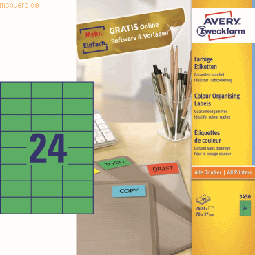 Avery Zweckform Etiketten Inkjet/Laser/Kopier 70x37mm grn VE=2400 St