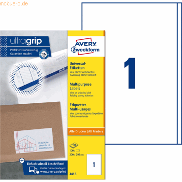 Avery Zweckform Universal-Etiketten ultragrip 200x297 mm VE=100 Etiket