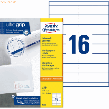 Avery Zweckform Universal-Etiketten ultragrip 105x33,8 mm VE=1.600 Eti