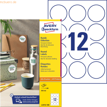 Avery Zweckform Etiketten Inkjet/Laser/Kopier rund 60mm wei VE=1200 S