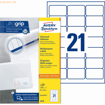 Avery Zweckform Universal-Etiketten ultragrip 64x36 mm VE=2.100 Etiket
