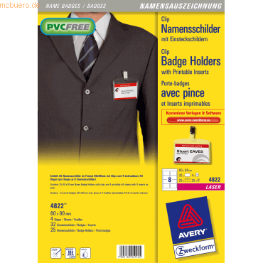 Avery Zweckform Namensschilder 60x90 mm mit Clip 25 Stck