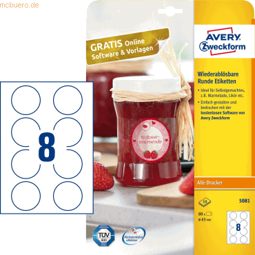 Avery Zweckform Etiketten rund 65 mm wei wiederablsbar VE=80 Stck