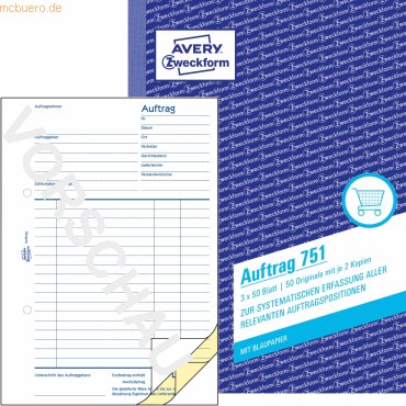 Avery Zweckform Formularbuch Auftrag A5 selbstdurchschreibend 3x50 Bla