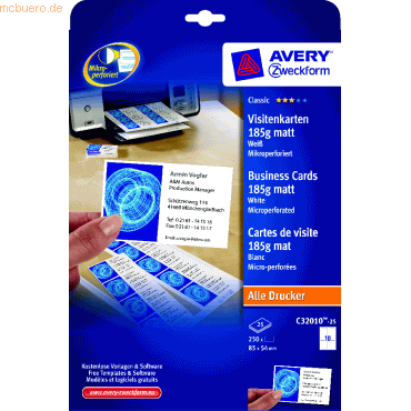 Avery Zweckform Visitenkarten Inkjet/Laser/Kopier 185g weiß VE=250 Stü