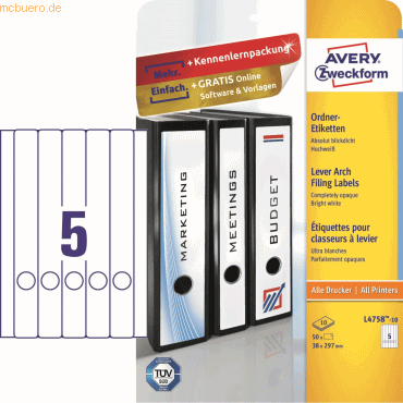 Avery Zweckform Ordner-Etiketten 38x297mm wei 10 Blatt/50 Etiketten