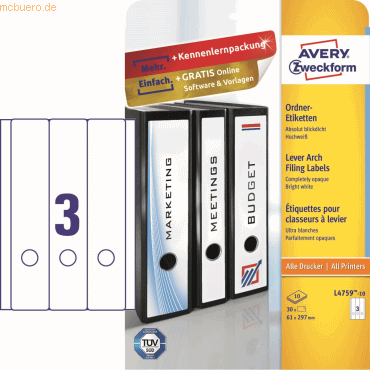 Avery Zweckform Ordner-Etiketten 61x297 mm 10 Blatt/30 Etiketten wei