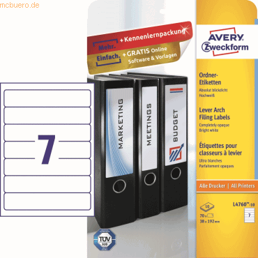 Avery Zweckform Ordner-Etiketten 192x38 mm 10 Blatt/70 Etiketten wei