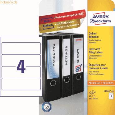 Avery Zweckform Ordner-Etiketten 192x61 mm 10 Blatt/40 Etiketten wei