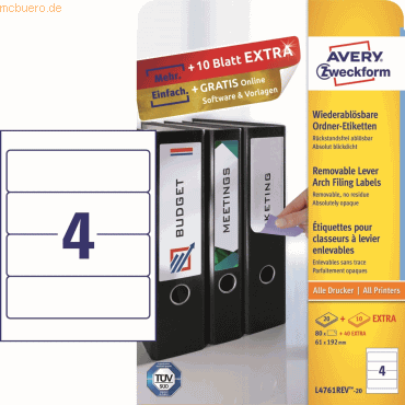 Ordner-Etiketten 192x61 mm ablösbar 20 Blatt/80 Etiket