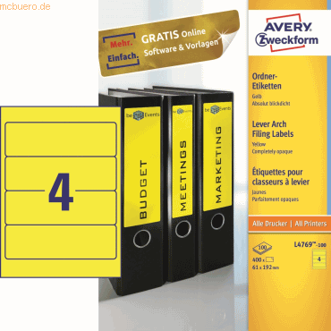 Avery Zweckform Ordner-Etiketten 192x61mm gelb 100 Blatt/400 Etiketten