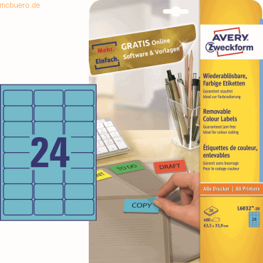 Avery Zweckform Etiketten Inkjet/Laser/Kopier 63,5x33,9mm blau VE=480