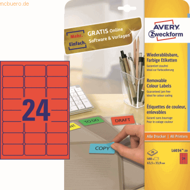 Avery Zweckform Etiketten Inkjet/Laser/Kopier 63,5x33,9 mm rot VE=480