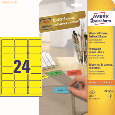 Avery Zweckform Etiketten Inkjet/Laser/Kopier 63,5x33,9 mm gelb VE=480