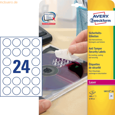 Avery Zweckform Sicherheits-Etiketten 40 mm 20 Blatt/480 Etiketten wei