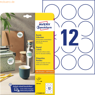 Avery Zweckform Etiketten 60mm rund wiederablsbar wei Inkjet/Laser/C