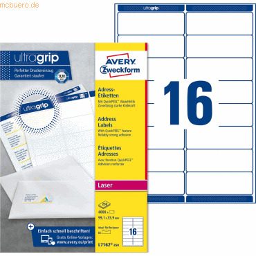 Avery Zweckform Adress-Etiketten ultragrip 99,1x33,9 mm VE=4.000 Etike