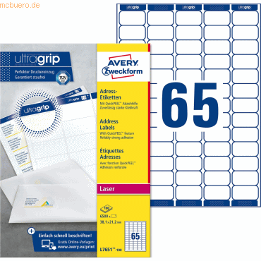 Avery Zweckform Adress-Etiketten ultragrip 38,1x21,2 mm VE=6.500 Etike