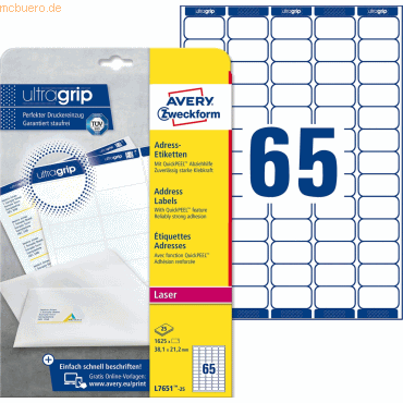 Avery Zweckform Adress-Etiketten ultragrip 38,1x21,2 mm VE=1.625 Etike