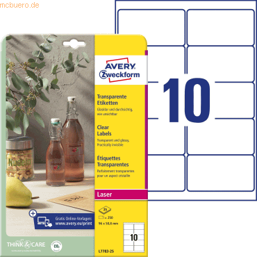 Avery Zweckform Kristallklare Etiketten 96x50,8 mm 25 Blatt/250 Etiket