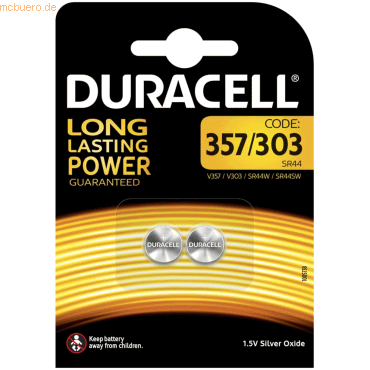 Duracell Knopfzelle Elektro 357/303 SR44 1,5V SilberOxid VE=2 Stück