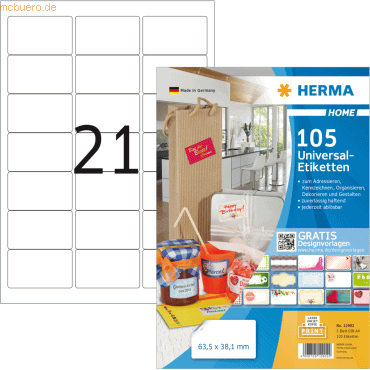 5 x HERMA Etiketten Home 63,5x38,1mm weiß A4 VE=105 Stück