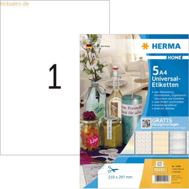 5 x HERMA Etiketten Home 210x297mm weiß A4 VE=5 Stück