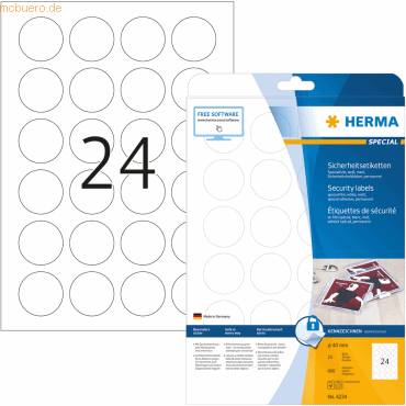 HERMA Etiketten wei Sicher/Verschluss Durchmesser 40mm Special A4 Las