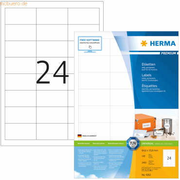 HERMA Etiketten wei 64,6x33,8mm Premium A4 VE=2400 Stck