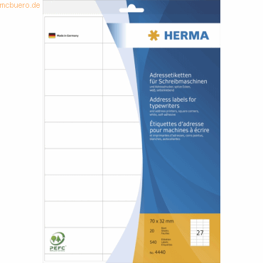 HERMA Adress-Etiketten 70x32mm auf A4-Blättern Ecken spitz VE=540 Stüc