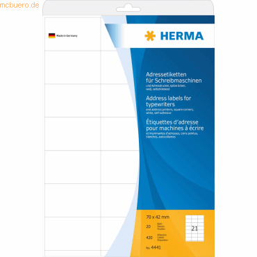 HERMA Adress-Etiketten 70x42mm auf A4-Blättern Ecken spitz VE=420 Stüc